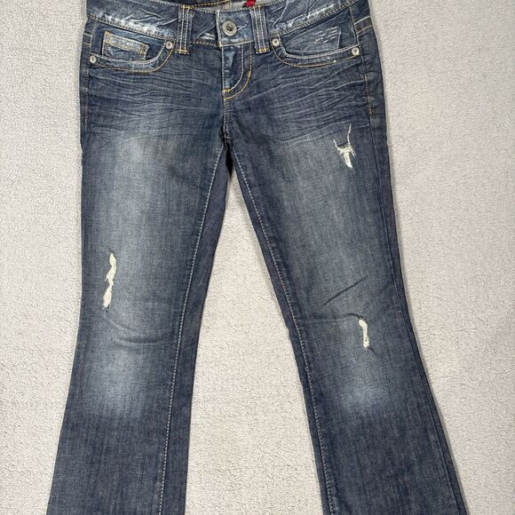 Guess Jeans Women Size 27 Daredevil Boot Cut Flare Blue Denim Jeans Distress Y2K - Picture 3 of 16